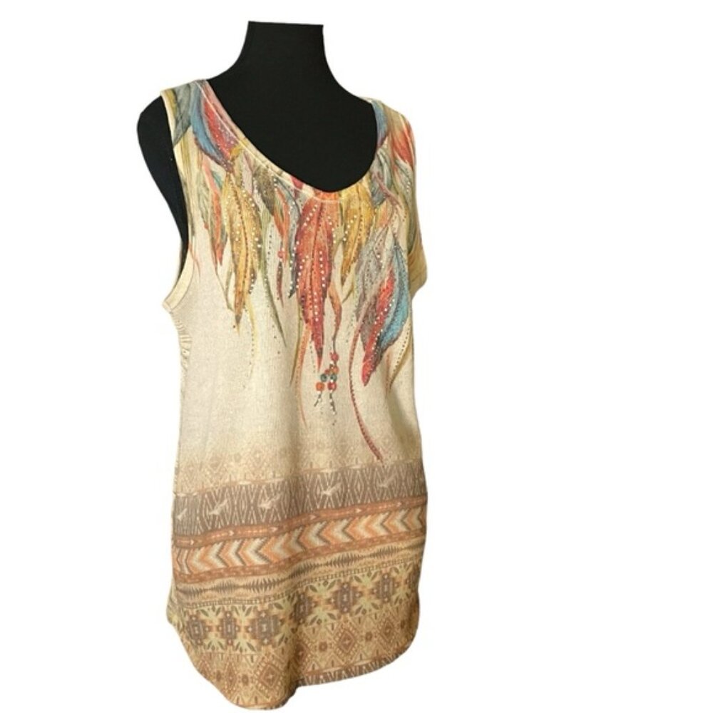 Vocal Y2K Boho Western Crochet Knit Tank Feather Rhinestone Southwest Sz XL